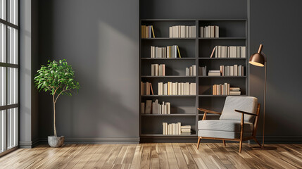 Wooden book shelf in front of grey wall, wooden floor, houseplant. Minimalistic interior design.	