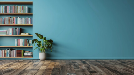 Wooden book shelf in front of blue wall, wooden floor, houseplant. Minimalistic interior design.	