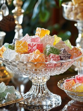 Crystal bowl of assorted Turkish Delight, vibrant colors, elegant setting, magical ambiance , up32K HD