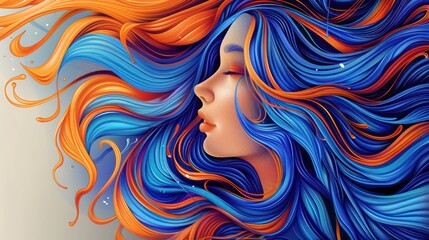 A painting of a beautiful woman with colorful wavy and loose hair with a serenity and elegance colorful concept.