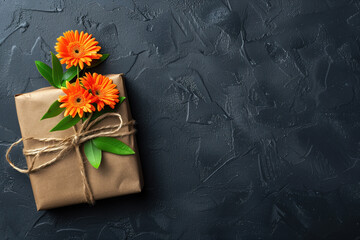 Flowers and a gift box on a blackboard. Place for text. Mother's Day background. Created with Generative AI technology. - obrazy, fototapety, plakaty