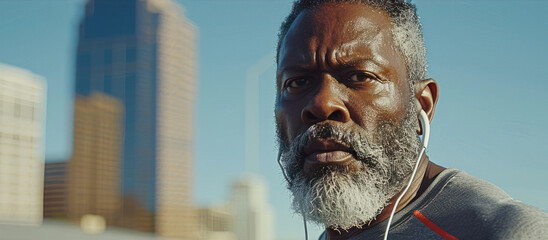 An elderly African American man with a beard enjoying music through headphones