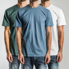 Obraz premium Three male models in green, blue, and white t-shirts