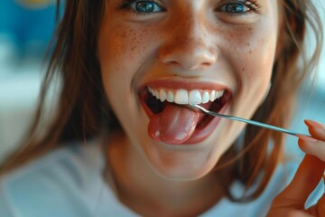 A woman using a metal tongue scraper cleaner - obrazy, fototapety, plakaty