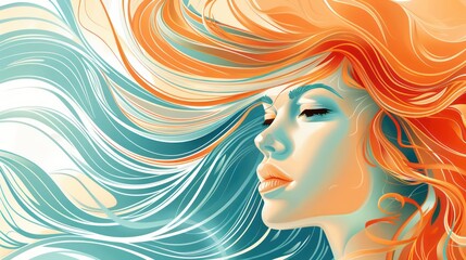 A painting of a beautiful woman with colorful wavy and loose hair with a serenity and elegance colorful concept.