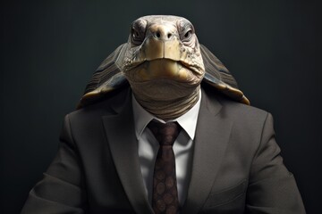 
Portrait of a businessman with the head of a turtle, showcasing stability and perseverance in his professional endeavors