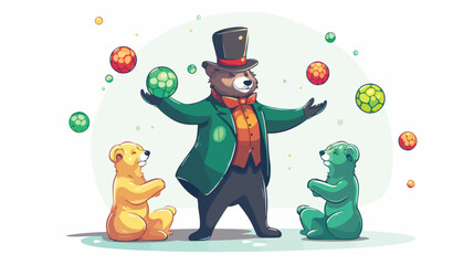 Cute cartoon bear in top hat and green scarf juggli