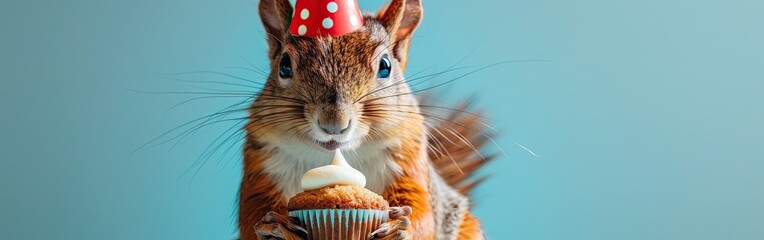 Festive Fun: Red Squirrel with Party Hat and Cupcake Celebrating Happy Birthday, Carnival, New Year's Eve, Sylvester, or Other Festive Occasions on Blue Background - obrazy, fototapety, plakaty