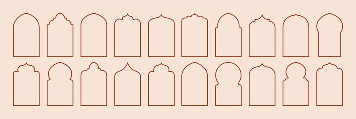 Ramadan Frames Set. Vector Islam Shapes Elements. Arabic Arch, Door and Windows In Minimal Outline Style for Labels, Logo, Banner Templates.