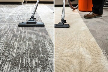 Professional janitors cleaning carpet with vacuum for cleanliness