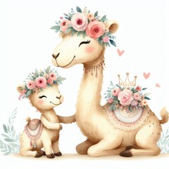 Camel Mom and Son , Watercolor Mother's Day Clip Art, Greeting Art Cute Cartoon Character Illustration Design Isolated on White Background