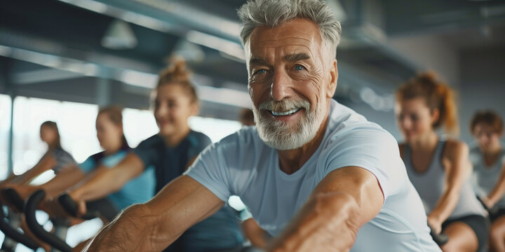 Mann nimmt an einem Spinning-Kurs teil