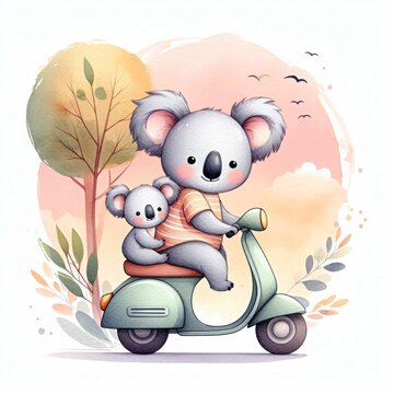Koala Mom and Son ride retro scooter , Watercolor Mother's Day Clip Art, Greeting Art Cute Cartoon Character Illustration Design Isolated on White Background