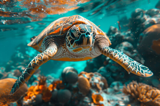 Sea turtle swimming among caribbean corals in an ocean wild life