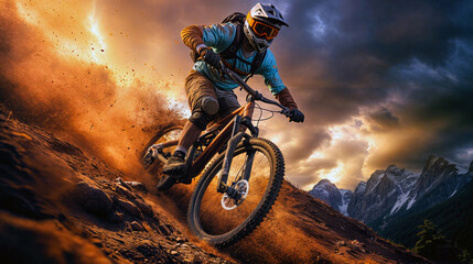 Extreme Mountain Biker in Action on Rugged Trail at Sunset with Majestic Mountain Backdrop - obrazy, fototapety, plakaty