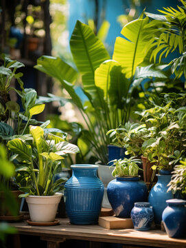 Beautiful plants in pots standing on the wooden table in an indoor home garden