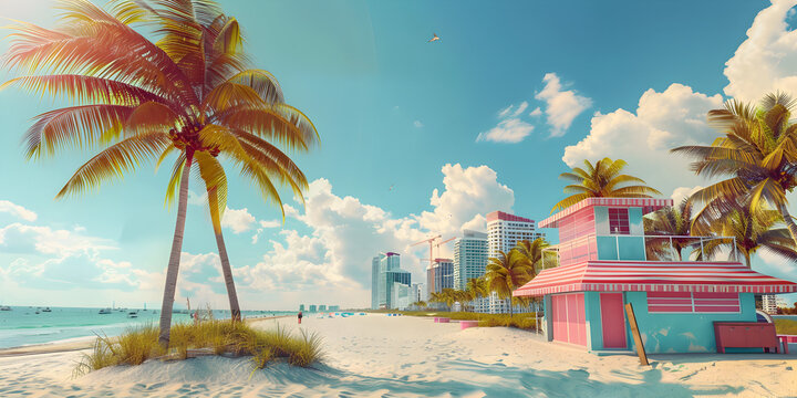 Perfect beach view Summer holiday and vacation design , Inspirational tropical beach, palm trees and white sand ,Palm Trees, and Thatched Huts on Pristine White Sand Miami Beach Vibes Wallpaper Backgr
