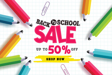 Back to school sale vector banner. School sale text promotion offer 50% discount with colorful color pencil elements in white grid paper background. Vector illustration school sale banner design.
