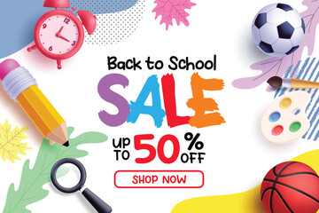 Back to school sale vector banner. School sale 50% off discount promotion text with clock, pencil and balls elements for shopping educational promo background. Vector illustration school sale banner. 
