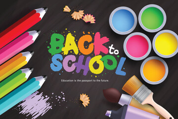 Back to school vector template design. Back to school in colorful text with color pencil, water color and brush educational elements in black background. Vector illustration school greeting design. 
