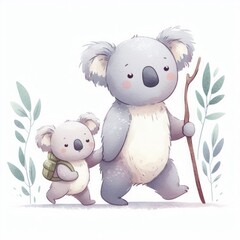 Koala Mom and Baby hiking ,Watercolor Mother's Day Clip Art, Greeting Art Cute Cartoon Character Illustration Design Isolated on White Background