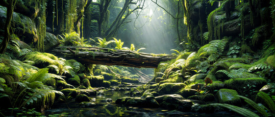 Mystical Morning Light in Lush Green Forest with Natural Log Bridge Over Stream