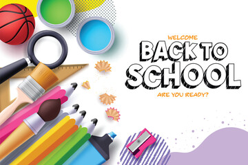 Back to school vector template design. Welcome back to school greeting text with education color pencil, brush, magnifying glass and water color decoration elements for educational background. Vector 