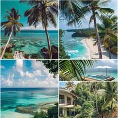 A collage of four beach photos with palm trees and blue water.