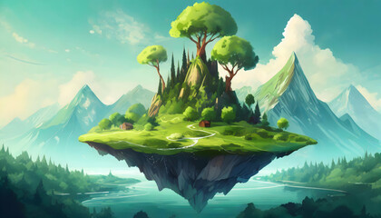 Abstract illustration green fantasy floating island with mountains on digital art concept, Generative AI. - 782841105