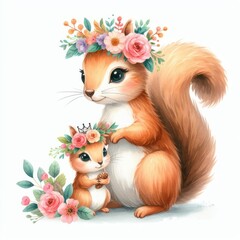 Squirrel Mom and Baby ,Watercolor Mother's Day Clip Art, Greeting Art Cute Cartoon Character Illustration Design Isolated on White Background