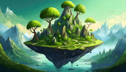 Abstract illustration green fantasy floating island with mountains on digital art concept, Generative AI. - 782841125