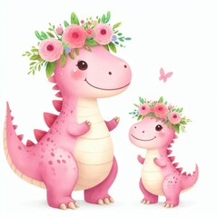 Pink Dinosaur Mom and Baby ,Watercolor Mother's Day Clip Art, Greeting Art Cute Cartoon Character Illustration Design Isolated on White Background