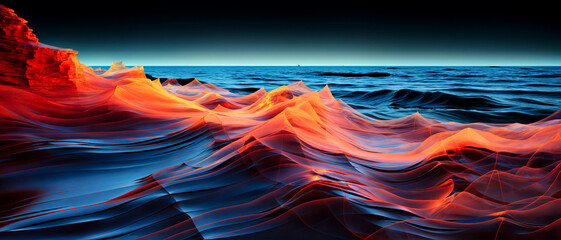 Vibrant Red and Blue Abstract Waves Interpreting a Fusion of Ocean and Desert Landscape