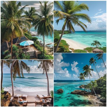 A collage of four beach photos with palm trees and blue water.