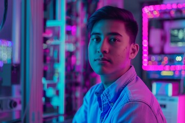 Portrait of a Young Man in a Vibrant Neon-Lit Urban Setting