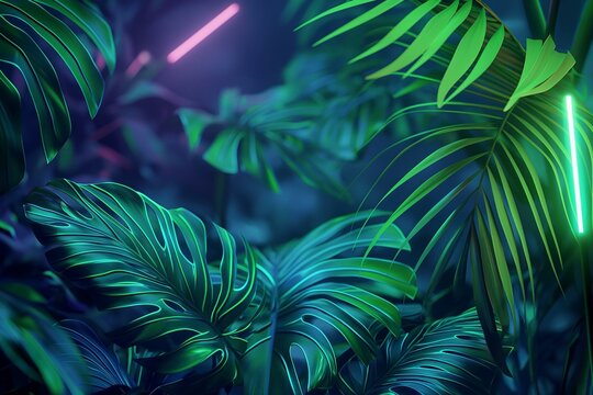 Lush Tropical Leaves with Vivid Neon Lighting in Green and Blue Tones