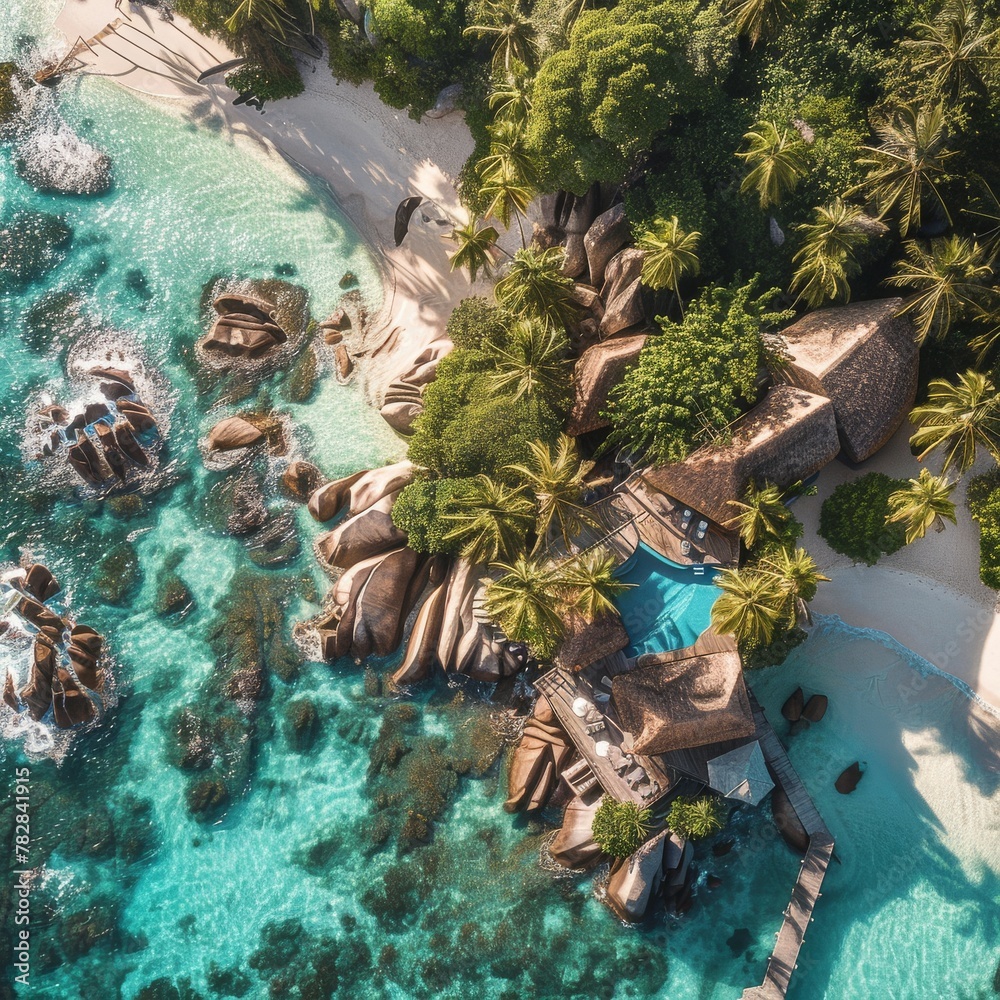 Sticker a white sandy beach, palm trees and a blue ocean with large rocks with a house and pool.