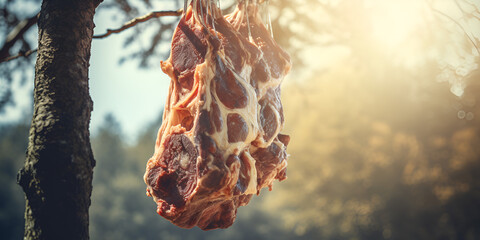 Raw Meat hanging by the Bark of tree Between the Lush Greenery of the Jungle and the Soft Glow of Sunlight, A Tale of Adventure of Hunting - obrazy, fototapety, plakaty
