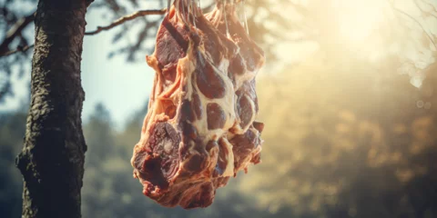 Foto op Plexiglas Raw Meat hanging by the Bark of tree Between the Lush Greenery of the Jungle and the Soft Glow of Sunlight, A Tale of Adventure of Hunting © Laiba
