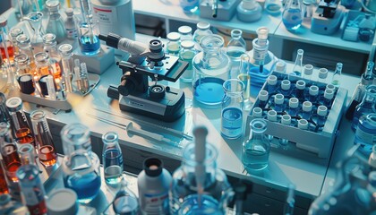 Biomedical Research Background, Produce a background image highlighting biomedical research tools and equipment such as microscopes, centrifuges, PCR machines, and lab glassware