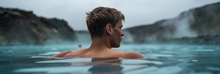 Young man ejoying spa in hot springs in Iceland