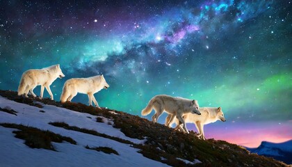 "Nocturnal Nomads: Ethereal Wolves Traverse the Starlit Mountain Ridge"