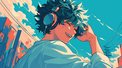 Cool Anime manga boy teenager listening music with headphones background . generative ai	
