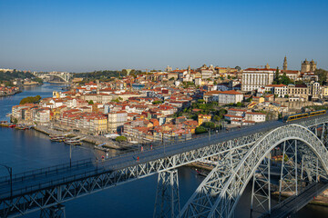 The sunrise view of the cityscape in Porto, Portugal.