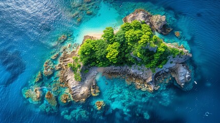 Aerial View of a Lush Island with Turquoise Sea Waters