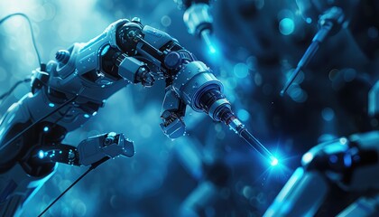 Medical Robotics Abstract Artwork, Produce an abstract artwork inspired by medical robotics, featuring robotic surgical instruments, exoskeletons, and assistive devices