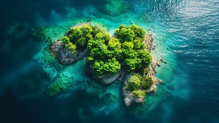 Naklejka na ściany i meble Aerial View of Tropical Island with Lush Greenery and Clear Blue Waters