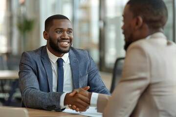 Happy African customer shaking hands in job interview banner.
