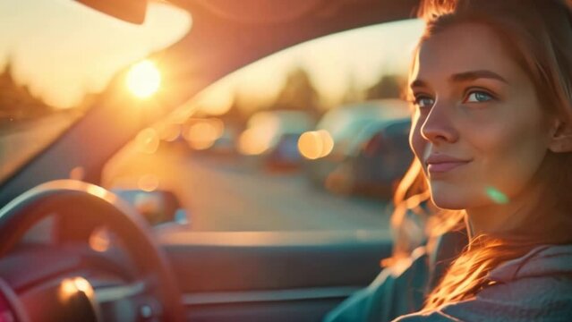 Happy young woman driving an electric car driving an EV at sunset View inside the car with the steering wheel in hand.