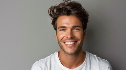 Young man with beautiful smile on grey background